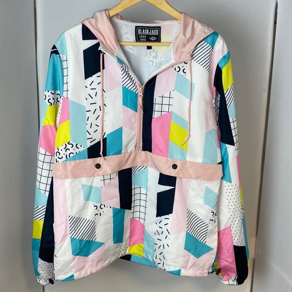 Black Jack Jackets & Blazers - VTG Black Jack '99 USA 1/2 Zip Pullover Jacket Sz Medium Colorful Geometric